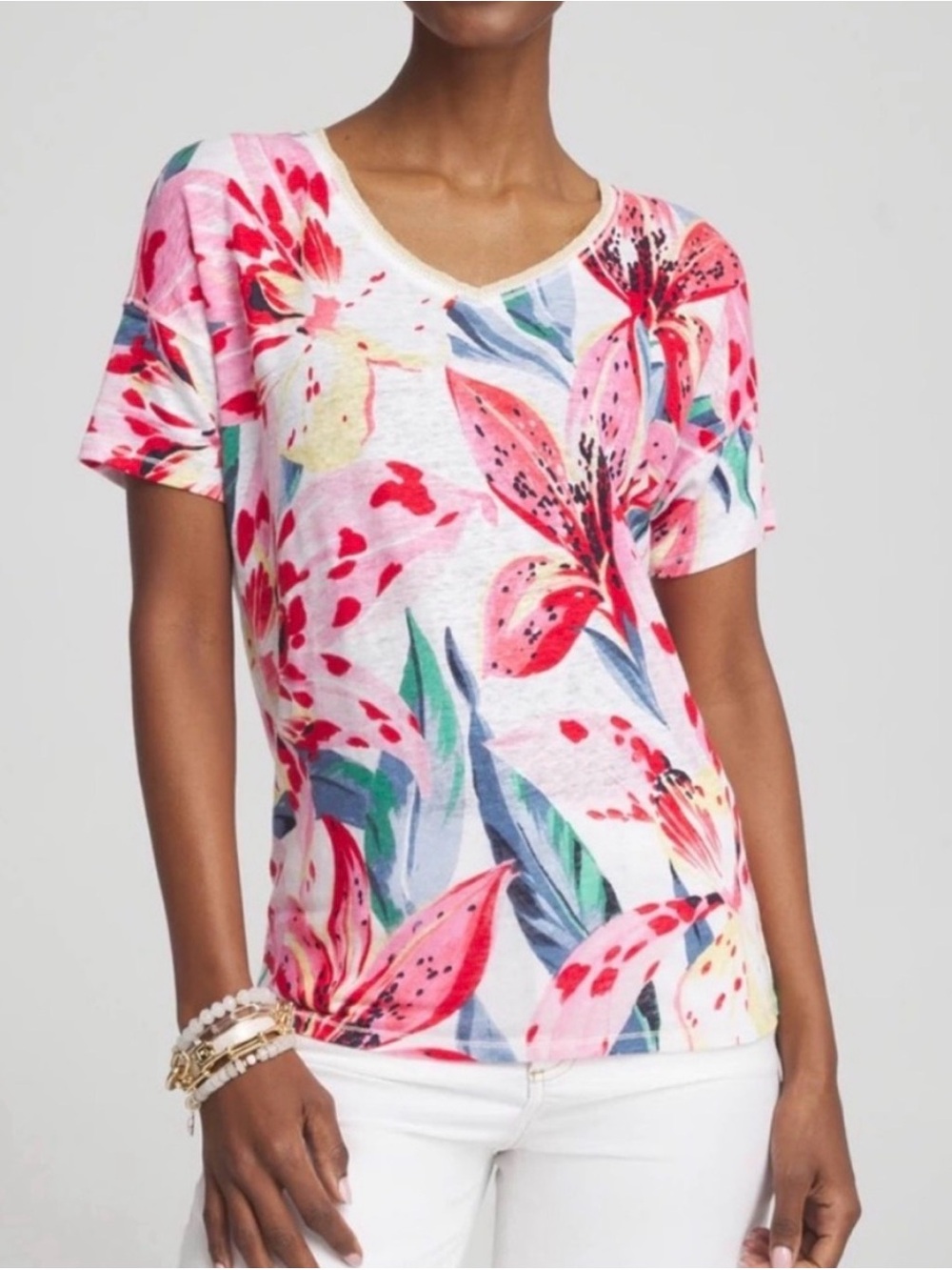 Chico's 100% Linen Floral Print Gold Trim V Neck Short Sleeve Top